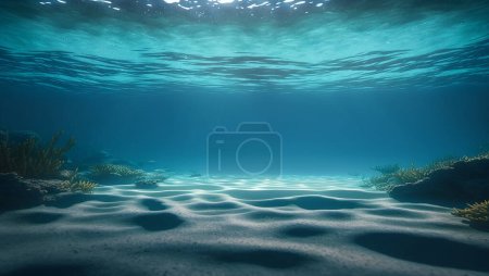 Underwater Sea - Deep Abyss With Blue Sun light. 3D Illustration Concept