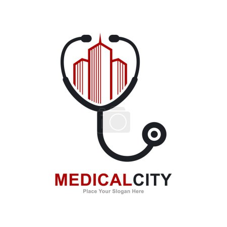 Ilustración de Ciudad estetoscopio logo vector icono. Adecuado para negocios, salud y educación - Imagen libre de derechos