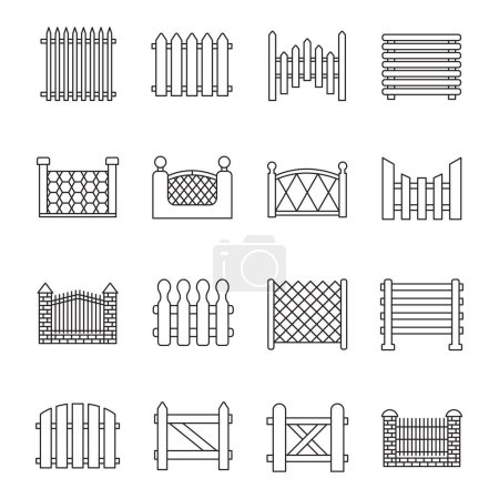 Téléchargez les illustrations : Ensemble d'icônes de clôture. illustration en ligne mince des icônes vectorielles de porte pour la conception Web - en licence libre de droit