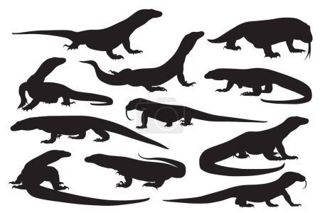 set of black silhouettes of komodo dragon and different breeds