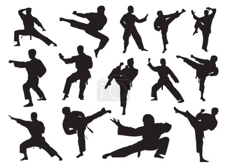 Téléchargez les illustrations : Silhouette d'art martial en silhouettes noires, vecteur. - en licence libre de droit