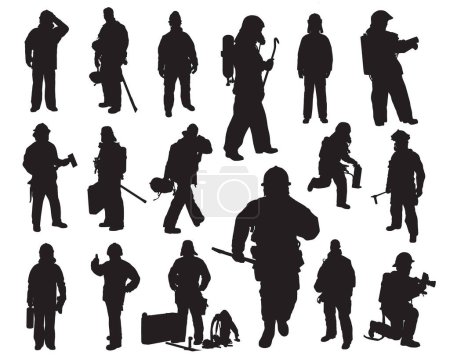 silhouette d'un groupe de silhouettes de pompier