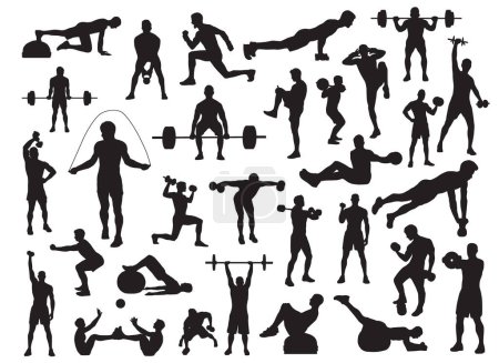 Illustration for Vector silhouette of man fitness different poses of various people. - Royalty Free Image