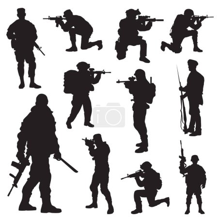 conjunto de siluetas de soldados militares con armas. ilustración vectorial