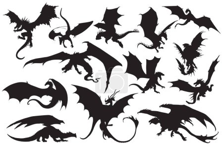 Téléchargez les illustrations : Illustration vectorielle de silhouettes de dragon isolées sur fond blanc - en licence libre de droit