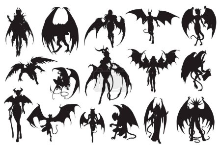 Téléchargez les illustrations : Illustration vectorielle de silhouettes de différents types du diable dans un ensemble. - en licence libre de droit
