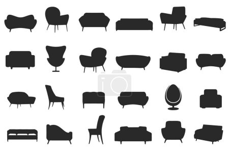 silueta negra de un sofá y un conjunto de diferentes razas, ilustración vectorial