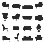 black silhouette of a sofa and a set of different breeds, vector illustration