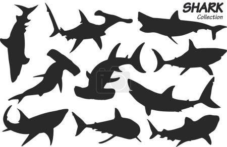 Foto de Conjunto de siluetas negras de tiburón. ilustración vectorial - Imagen libre de derechos