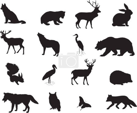 Téléchargez les illustrations : Silhouettes d'animaux différents. illustration vectorielle noir et blanc - en licence libre de droit