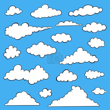 Téléchargez les illustrations : Ensemble de vecteurs de nuages, nuages blancs de dessin animé de forme différente sur fond bleu - en licence libre de droit