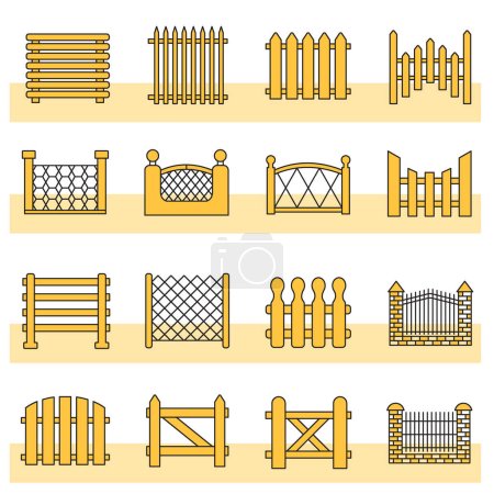 Illustration for Vector illustration set of different fences line style white and yellow color. gate, fence, door entrance, stop sign. - Royalty Free Image