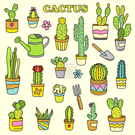 Foto de Cactus plantas dibujos animados colorido garabato - Imagen libre de derechos