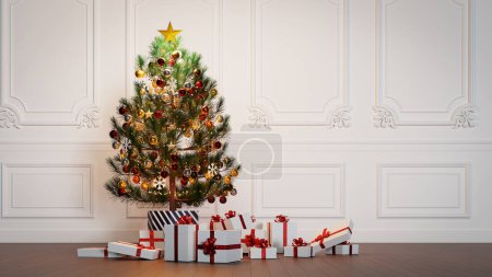Un sapin de Noël allumé dans un salon aux murs blancs