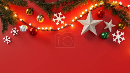 Différentes décorations de Noël et petites ampoules sur fond rouge