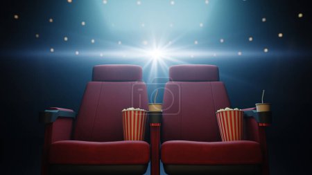 Téléchargez les photos : Cinéma siège avec pop-corn et boisson dans un endroit sombre, rendu 3d - en image libre de droit