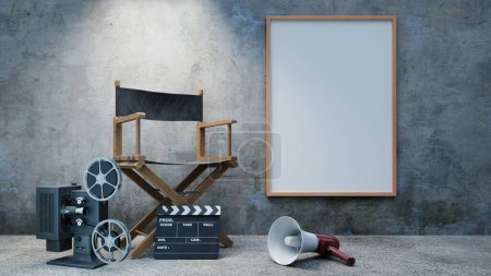 Téléchargez les photos : Modèle de maquette d'affiche de film avec chaise de réalisateur, rendu 3d - en image libre de droit