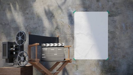 Téléchargez les photos : Affiche maquette avec chaise de réalisateur et projecteur de film rétro, rendu 3d - en image libre de droit
