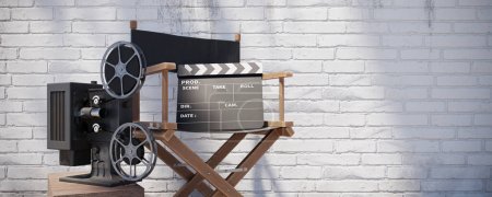 Téléchargez les photos : Chaise de réalisateur et projecteur de film rétro, rendu 3d - en image libre de droit