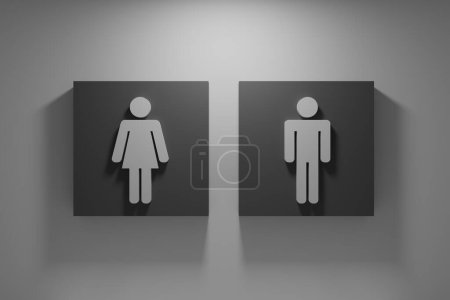 Gray restroom signs with light coming down from above, 3d rendering