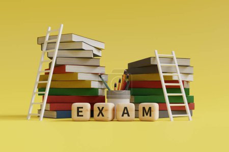 Foto de Ladder on pile of books and exam text background, 3d rendering - Imagen libre de derechos