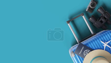 Foto de Travel background with luggage bag and passport, 3d rendering - Imagen libre de derechos