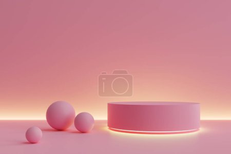 Téléchargez les photos : A simple podium stage with a solid pink color and neon lights, 3d rendering - en image libre de droit