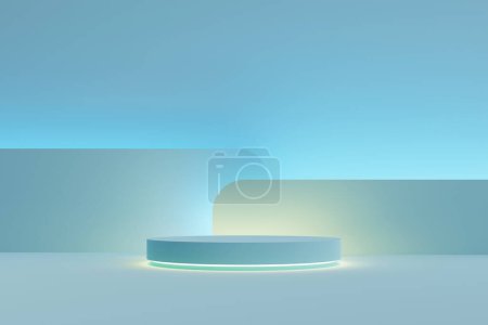 Téléchargez les photos : Un podium simple avec une couleur bleue unie et des néons, rendu 3d - en image libre de droit