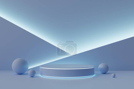Téléchargez les photos : A simple podium stage with a solid blue color and neon lights, 3d rendering - en image libre de droit