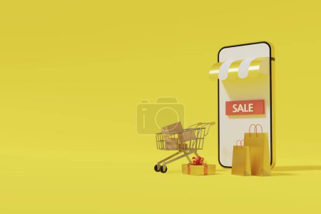 Téléchargez les photos : Un panier avec des boîtes de produits, des boîtes-cadeaux et un sac à provisions devant un smartphone avec une devanture ressemblant au mot "vente", rendu 3d - en image libre de droit