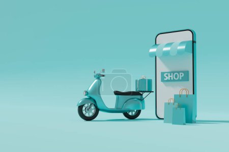 Téléchargez les photos : Un sac à provisions et une moto de livraison devant un smartphone avec une devanture ressemblant au mot "shop", rendu 3d - en image libre de droit