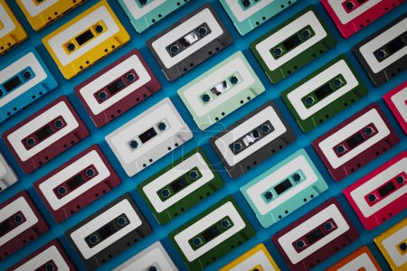 Photo for Top view of old cassette tapes in various colors, 3d rendering - Royalty Free Image