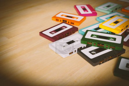 Photo for Multicolored cassette tapes that look like they were taken with an old camera with a flash, 3d rendering - Royalty Free Image