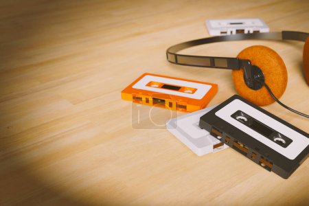 Foto de Un primer plano de una colección de cintas de cassette multicolores y auriculares viejos, renderizado 3D - Imagen libre de derechos