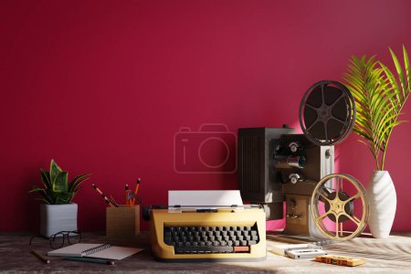 Téléchargez les photos : Retro vibe background with red wall behind with old typewriter and old movie projector, 3d rendering - en image libre de droit