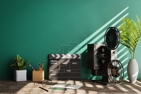 Foto de Retro vibe background with green wall behind with movie director slate and old movie projector, 3d rendering - Imagen libre de derechos