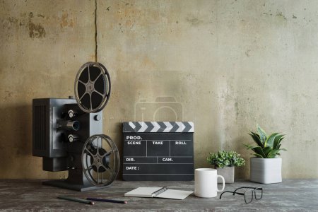 Photo for Retro vibe background with old dirty concrete wall behind with movie director slate and old movie projector, 3d rendering - Royalty Free Image