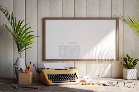 Foto de Fondo de burla con una relación 16: 9 marco de imagen horizontal en la pared con una máquina de escribir en un escritorio, representación 3d - Imagen libre de derechos