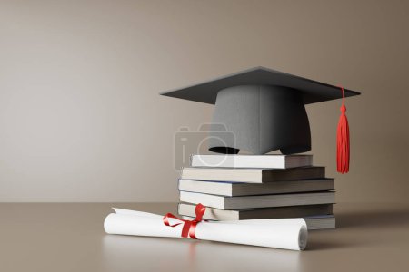 Foto de Tapas y diplomas de graduación en libros apilados, representación 3d - Imagen libre de derechos