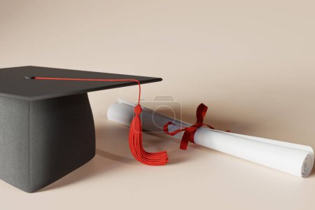 Foto de Tapa de graduación y diploma concepto de fondo, 3d rendering - Imagen libre de derechos