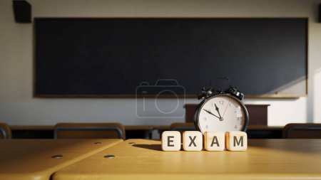Foto de Concepto de fondo para una prueba de la escuela con un reloj despertador en un escritorio de la clase. renderizado 3d - Imagen libre de derechos