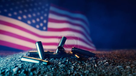 Téléchargez les photos : Contexte du concept Memorial Day avec des drapeaux américains derrière des douilles de balles tombées. Rendu 3d - en image libre de droit