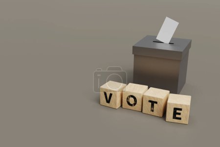 An election ballot box with the word vote in front of it. 3d rendering