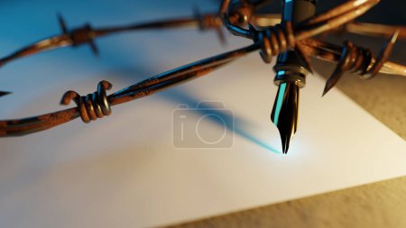 Photo for A fountain pen for free speech between barbed wire. 3d rendering - Royalty Free Image