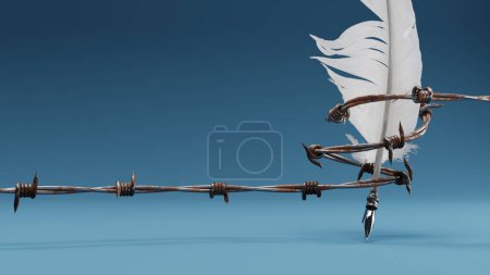 Photo for A feather fountain pen writes for free speech between barbed wire. 3d rendering - Royalty Free Image