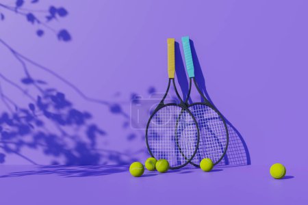 Téléchargez les photos : Raquette de tennis et balle de tennis sur fond purble. Rendu 3d - en image libre de droit