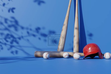 Photo for Baseball ball, bat, and helmet on blue background. 3d rendering - Royalty Free Image