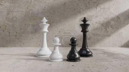 Téléchargez les photos : Un roi des échecs blanc et noir et des pions côte à côte. Rendu 3d - en image libre de droit