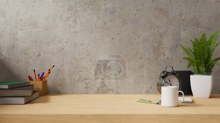 Téléchargez les photos : Un bureau en bois devant un mur en béton avec une petite plante en pot, une tasse à café, une horloge et un livre. Rendu 3d - en image libre de droit