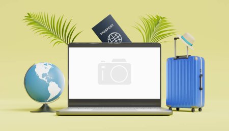 Téléchargez les photos : Maquette d'un écran d'ordinateur portable entre un globe et une valise. Rendu 3d - en image libre de droit